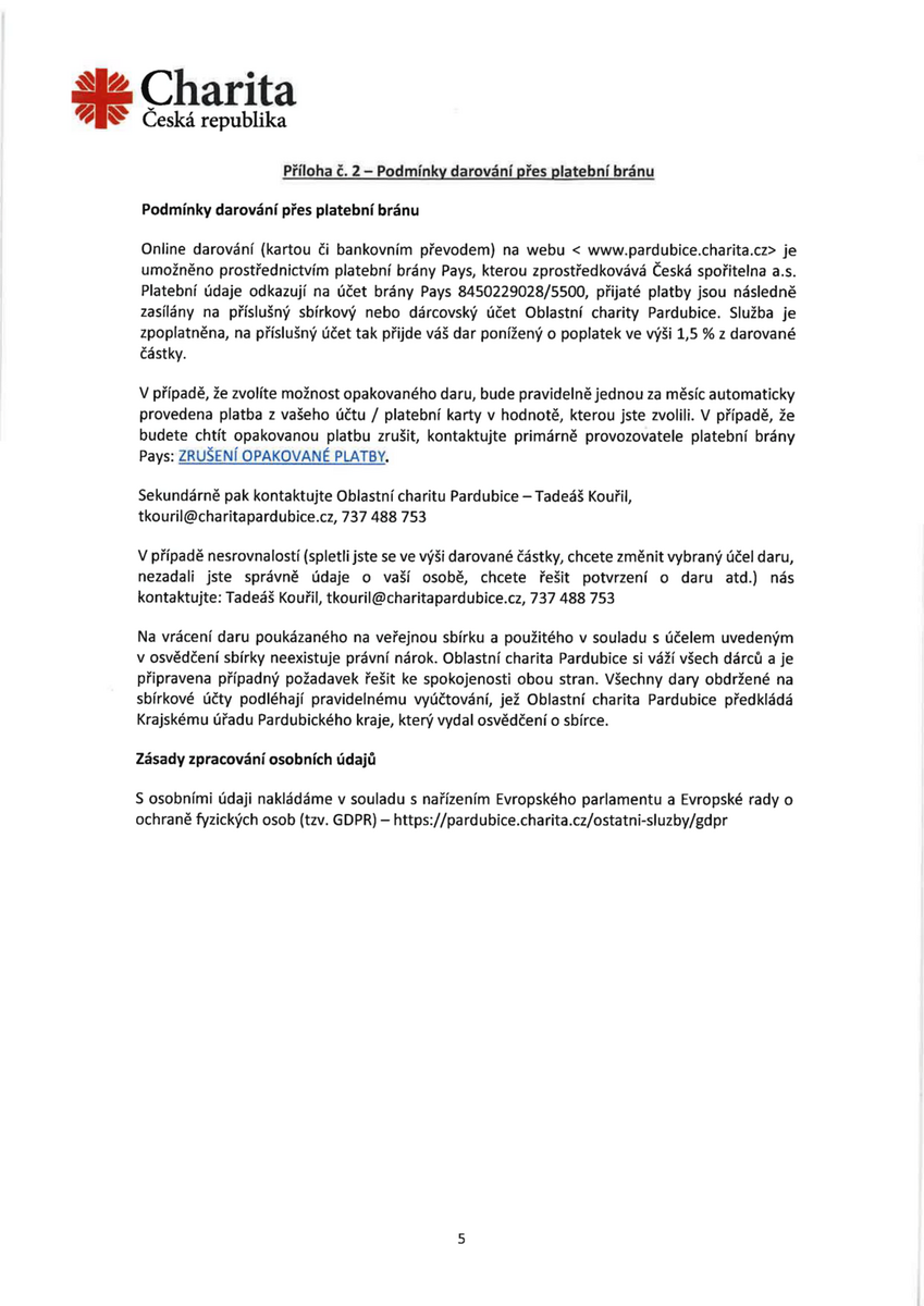 Podmínky darování přes platební bránu Charity ČR